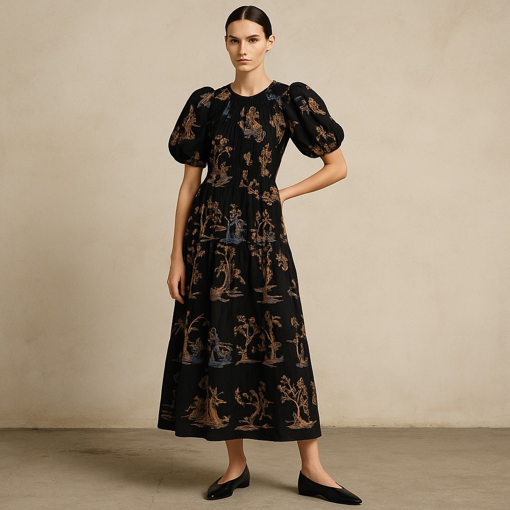 Zara Black puff Sleeve, Embroidered Dress